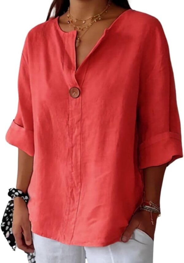 Women's Linen Shirt Button Down V Neck Solid Blouse 3/4 Sleeves Casual Loose Fit Tunic Tops Summer T Shirts - Image 4