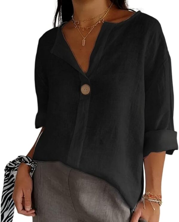 Women's Linen Shirt Button Down V Neck Solid Blouse 3/4 Sleeves Casual Loose Fit Tunic Tops Summer T Shirts