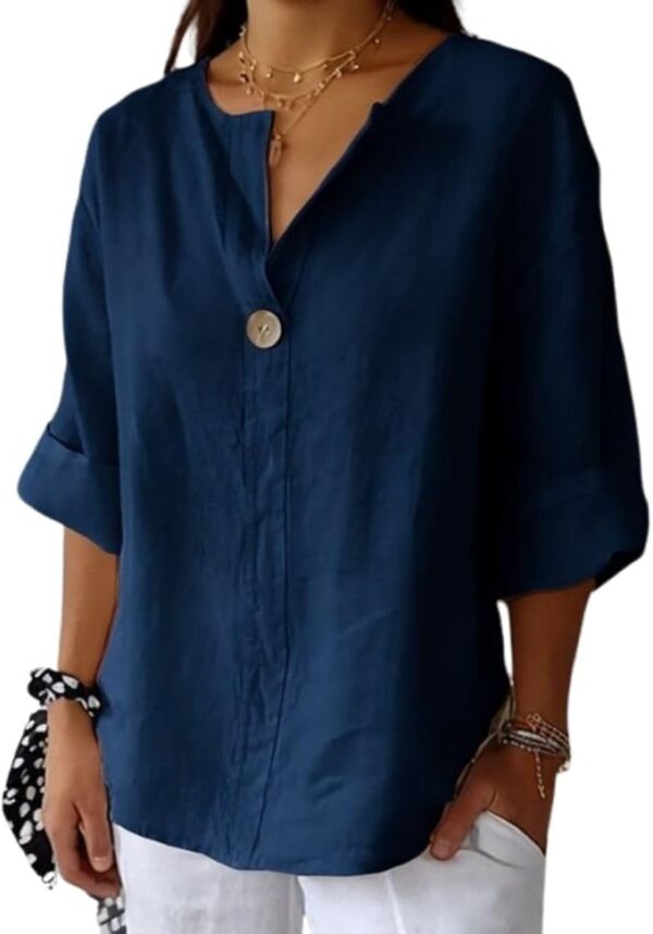 Women's Linen Shirt Button Down V Neck Solid Blouse 3/4 Sleeves Casual Loose Fit Tunic Tops Summer T Shirts - Image 3